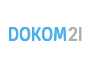Logo mit dem Schriftzug "DOKOM21" in Blau und Grau, modernes Design ohne weitere grafische Elemente.