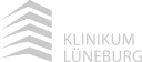 Logo des Klinikums Lüneburg mit stilisierter Gebäudedarstellung und Schriftzug auf dunklem Hintergrund.